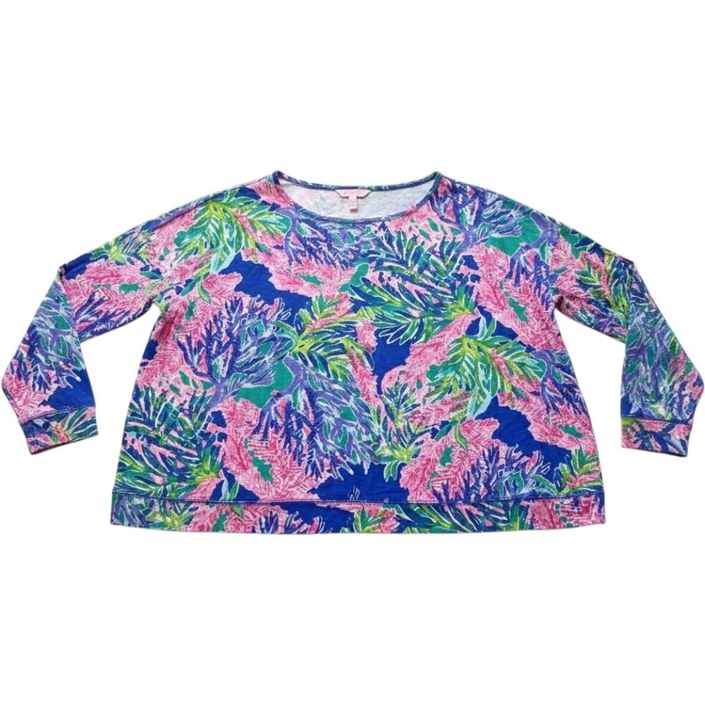 Lilly Pulitzer L XL Tropical Tunic Top Pink Blue Green Oversized Resort Beach